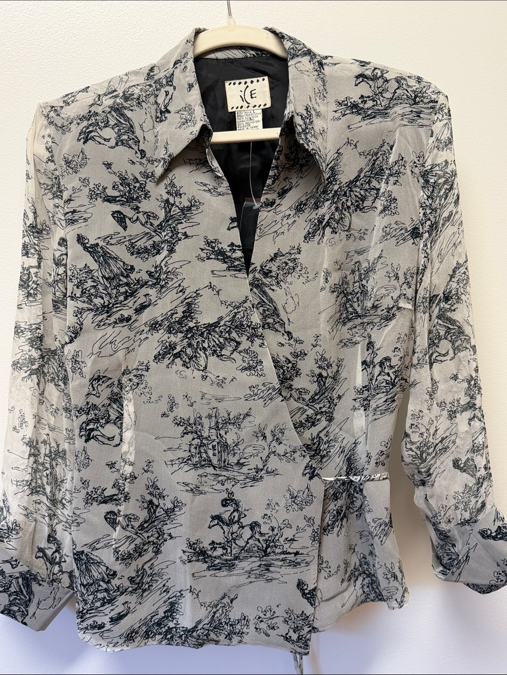 Vintage i.c.e. 100% Silk Toile Print Wrap Blouse Black & White Size L Y2K